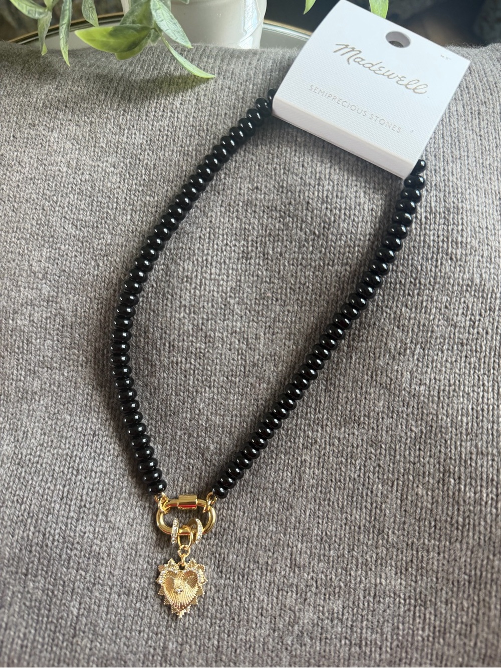 Madewell “Midnight Devotion” Black Semiprecious Stone Sacred Heart Necklace NWT